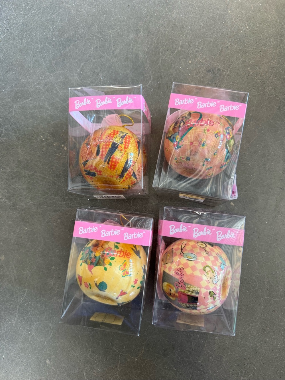 4 Barbie Pink and Yellow Decorative Ornament Ball Set